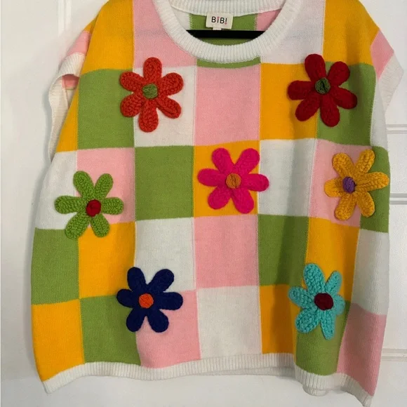BiBi Checkerboard Crewneck Sweater in White, Pink, Yellow, Green - Picture 3 of 5